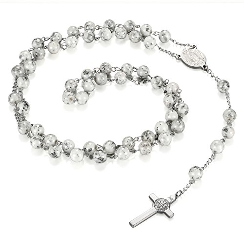 JewelryWe Schmuck Edelstahl Glas Anhänger Halskette Silber Kruzifix Kreuz Jesus Christus Porträt 33 Zoll Kugel Kette Retro Herren,Damen