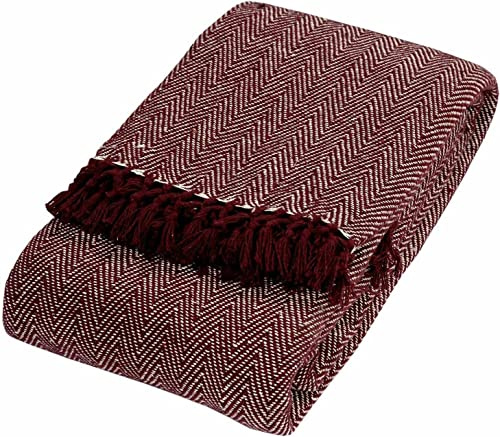 Luxury Pure 100% Cotton HERRINGBONE Super Soft Woven Sofa Bed Throw Blanket Bedspread Settee Cover With Tasselled Edging (Extra Large 90x100, Burgundy)