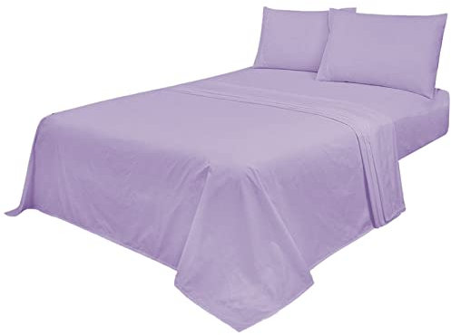 Voice7 Non Iron Lilac 4pc Sheets Set (Fitted Sheet + Flat Sheet + Pillow Cases Pair) Percale Super Poly Cotton Bedding Sets (Lilac, Double)