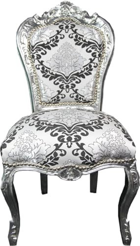 Casa Padrino Barock Esszimmer Stuhl Silber Schwarz Muster/Silber ohne Armlehnen - Antik Möbel