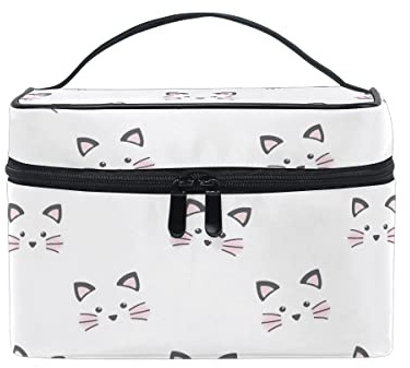 Makeup Bag, Cute Cat Face Print Cosmetic Toiletry Storage Organiser Case Large Travel Handle Personalised Pouch with Compartments for Teenage Girl Women Lady White
