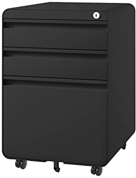 Dripex Caisson de Bureau à Roulette 3 Tiroirs, Meuble Dossier Suspendu, Caisson Métal Verrouillable 40 x 45 x 60 cm - Noir Mate