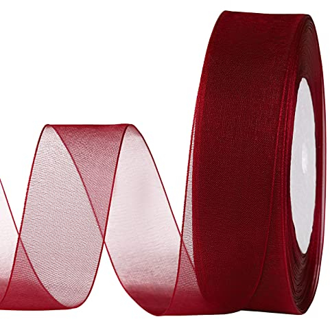 molshine 25mm x 45m/Rolle schimmerndes Organzaband,Chiffon-Stoffbänder für Blumensträuße,Girlanden,Schleifen,Hochzeiten,Geschenkverpackungen,Haare,Kunsthandwerk,Dekoration (Weinrot)
