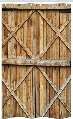 ABAKUHAUS Rustikal Schmaler Duschvorhang, Holztür Land Architektur, Badezimmer Deko Set aus Stoff mit Haken, 120 x 180 cm, Braun