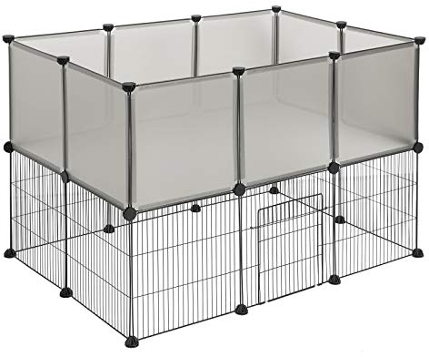 EUGAD Freigehege für Kaninchen, Meerschweinchen Gehege, Welpenauslauf Kleintiergehege inkl. Tür, Freilaufgehege für Hasen, Verformbar und Erhöhbar, Doppelstöckig BHT 107x72x72cm, Grau 35x35cm/Platte
