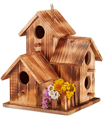 Relaxdays Vogelhaus, zum Aufhängen, Balkon, Terrasse, Garten, gebranntes Holz, Deko Nistkasten, HBT 34x20x19 cm, natur