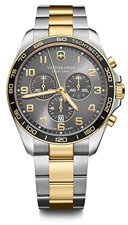 Victorinox Herren Armbanduhr FieldForce Classic Chrono Ø 42 mm, Analog Quarz, Wasserdicht bis 100 m, Edelstahl-Armband, Grau/Silber/Gold