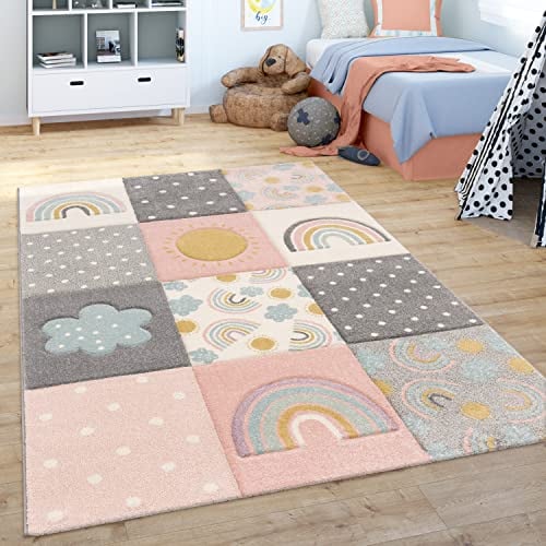 Paco Home Kinderteppich Teppich Kinderzimmer Spielteppich Regenbogen Wolken Rosa Grau Weiß, Grösse:140x200 cm