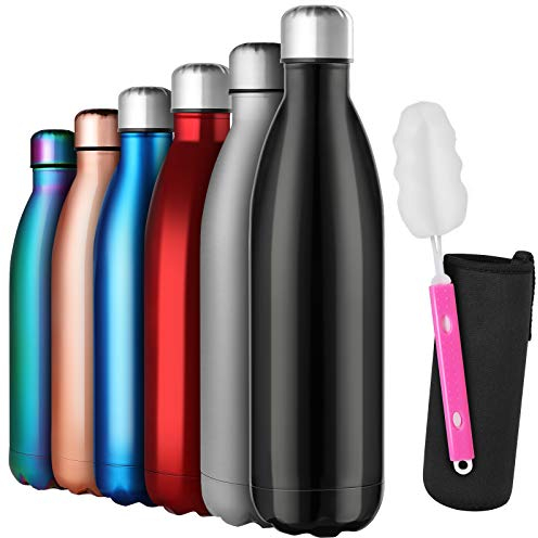 GeeRic Gourde Isotherme 750ML, Gourde INOX Isotherme à Double Paroi Isolée sous Vide 12 Heures Chaudes et 24 Heures Boissons Froides Bouteilles Noir