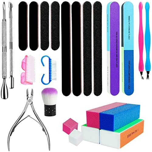 24 Pc Nail File Set - 7 Way Buffer Block, Cuticle Nipper, Pusher, Nail Scrubbing & Dust Brushes for Dead Skin, Trimming & Polishing