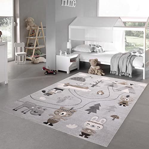 Teppich-Traum Teppich Kinderzimmer Teppich Jungen Mädchen Zimmerteppich Wald-Motiv Grau 160 x 230 cm