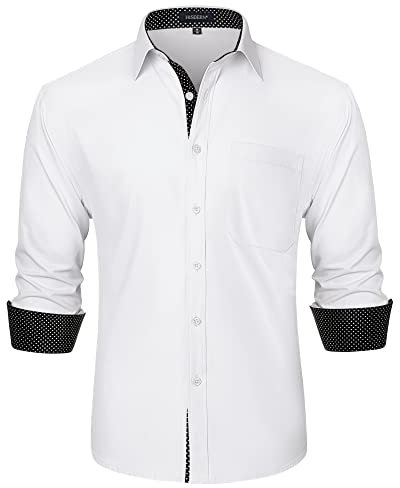 HISDERN Chemise Habillée Homme Manches Longues Boutonnée Chemises de Mariage Cérémonie Travail Formel Coupe Régulière Chemise avec Deux Couleurs Cadeaux pour Hommes Noël,Blanche,XXL