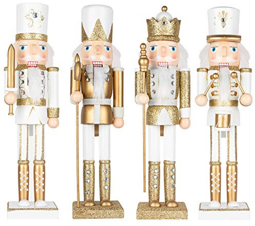 KI Store Schiaccianoci di Natale da 38 cm, per Natale, in legno decorazione per feste, scrivania, piccolo regalo (38cm, Oro e bianco)