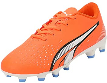 PUMA Unisex Kids Ultra Play Fg/Ag Jr Soccer Shoe, Ultra Orange Puma White Blue Glimmer, 13 UK