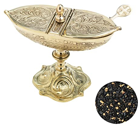 NKlaus 3tlg Set Weihrauchschiffchen Gelbgold Löffel 100g Pontifical Weihrauchmischung 40688