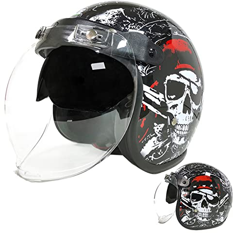 Jethelm Mit Bubble Mirror, Retro 3/4 Motorradhelm, Vintage-Helm Für Erwachsene Für Männer Und Frauen, Halbgesichts-Motorradhelm, Moped-Rollerhelm, ECE-Geprüft,Skull,M