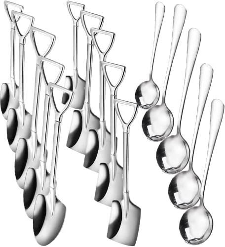 CINY 15 Pcs Shovel Spoon Dessert Spoon Set Stainless Steel Spade Spoon, Round Soup Spoons, Square Shovel, Pointed Spoon, Teaspoons Stirring Coffee Spoon for Dinner, Dessert, ice Cream, Fruit
