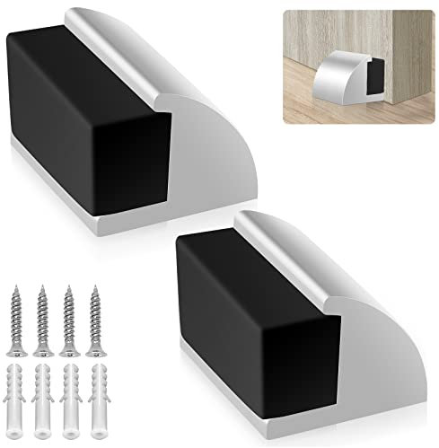 TOKPLNU Floor Door Stopper, Heavy Duty Metal Door Stops Floor Mounted Silver Modern Chrome Door Stop Wall Protector with Sound Dampening Rubber Buffer, 2 Pack