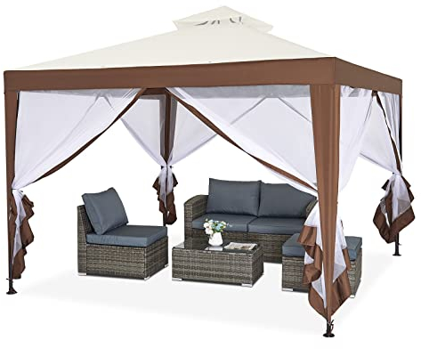 Mondeer Tonnelle de Jardin 3x3m, Tente Réception à Double Toit avec 4 Moustiquaires Amovibles Zippées, Cadre en Métal, Style Moderne et Luxueux, Beige et Brun