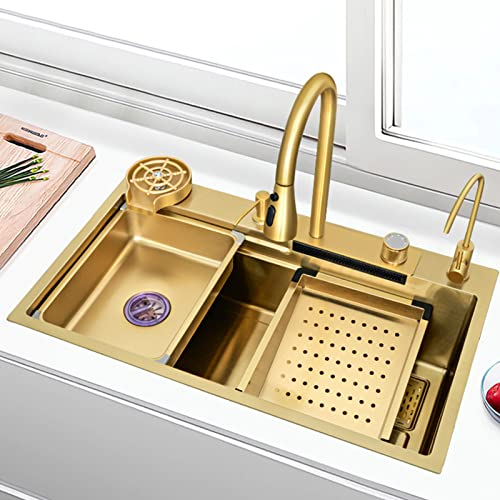 KSYGINXD 75 x 44 cm goldene Nano-Küchenspüle, Wasserfallspüle, Einzelbecken, Edelstahl-Arbeitsplatzspüle mit multifunktionalem ausziehbarem Wasserhahn und Zubehör