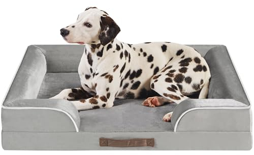 Codi Large Memory Foam Layer Dog Bed, Washable Orthopedic Dogs Beds Couch with Removable Zipper Cover, Waterproof Pet Sofa with U-Shape Bolster, Grey, 91x68x(7.5+8.9) cm