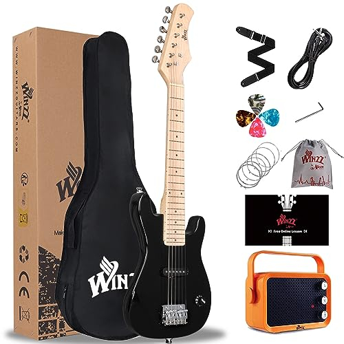 Winzz 30 pulgadas Mini Guitarra Eléctrica Niños Diapasón de Arce Guitarra Eléctrica Principiante Set para Niños con Amplificador (Neg, EGM100