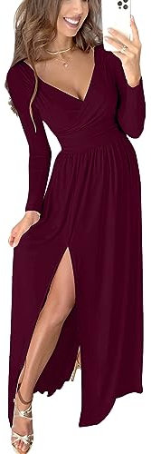 JENJON Femme Robe Col V Elegant Manches Longues Plissée Elastique Robes 2.0 Solide Cassique de Casual