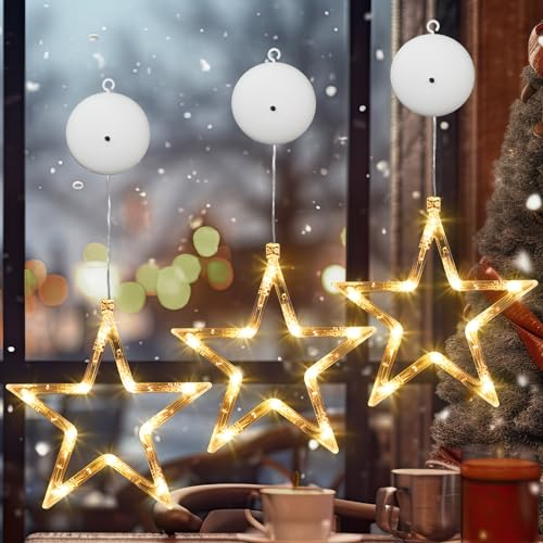 ENCOUN Led Stern Weihnachtsbeleuchtung, 3 Stück Weihnachtsdeko Fenster, 3 Modi Weihnachtsdeko Lichterkette mit Saugnäpfe, Fensterbeleuchtung Weihnachten für Weihnachten Deko, Balkon, Party, Hochzeit