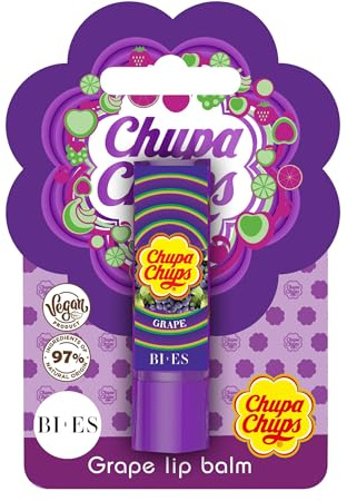 Chupa Chups Baume à lèvres naturel et végétalien – Baume à lèvres nourrissant et hydratant avec une délicieuse saveur de raisin pour des lèvres douces et lisses – Friandise amusante et savoureuse pour