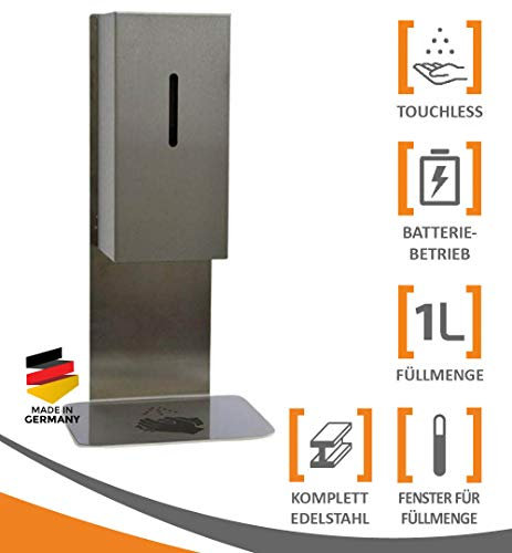 MyMAXXI | Mobiler Hand Desinfektionsmittelspender Sensor Steel Tisch & Tresen Edelstahl Set 1x 1L Desinfektionsmittel stehend automatisch | touchless Disinfection | Desinfektionsspender Standfuß