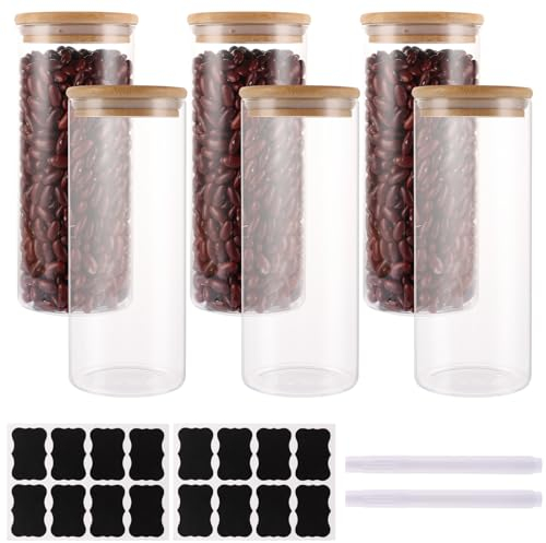 MUXHEL 6er Set 750ml Vorratsgläser mit Deckel, Vorratsdosen Glas Luftdicht mit Bambusdeckel, Vorratsglas Aufbewahrungsglas mit Etikett & Stift für Zuhause Küche Lebensmittellagerung