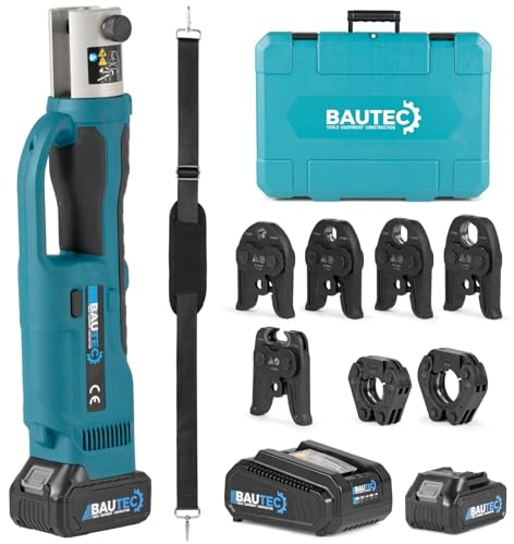 BAUTEC Akku hydraulische Rohrpresszange 32 kN » 12-108 mm » Kofferset mit 7 Pressbacken für Pressfittings mit V-Kontur 12-15-22-28-35-42-54 » 2x Li-Ion-Akku (18V/4.0Ah) » Pressmaschine