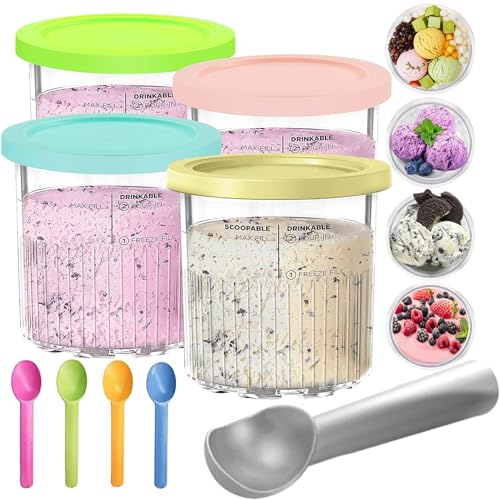YOUlDIANZI 4 Pack Creami Pints and Lids for Ninja, NC501 NC500 Series, Round, Multi-color, Ice Cream Pints Set, 24 Fluid Ounces, 6 Inches (Diameter x Height)