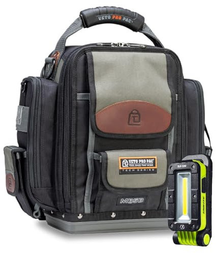 Pro Pac MB5B Tester Tool Bag with 500 Lumen Inspection Light | 14 Litre | Professional Tradesman Heavy Duty Toolbag | Unilite & Veto | Multifunction Tester Storage | Backpack or Carry