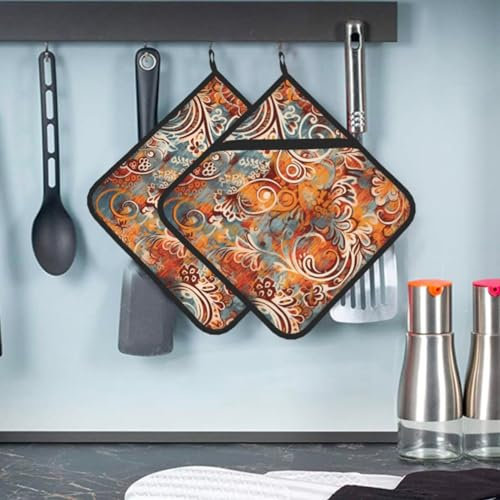 Bohemian Atlantic Topflappen, rutschfeste Topflappen, hitzebeständig, 2 Stück, für Küche, Kochen, Backen