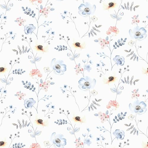 VaryFloral Papier Peint Fleuri 30.5cmx300cm Papier Peint Adhesif Mural Aquarelle Papier Peint Beige Rouleau Adhesif Decoratif Fleur Bleue Papier Peint Vintage Feuille Stickers Meubles Salon Chambre