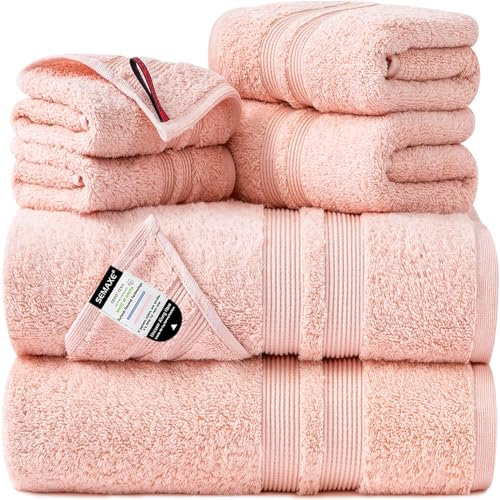 SEMAXE 6 Stück 100% Baumwolle Plüsch Badetücher Set, 2 Badetücher, 2 Handtücher und 2 Waschlappen, 600 GSM gekämmte Baumwolle Handtücher für Badezimmer, Hotel, Fitnessstudio und Spa, Rosa