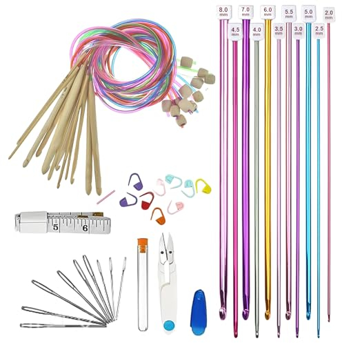 WANDGU Bunt Tunesisch Häkelnadeln: 12 Stück Tunesische Häkelnadel mit Zubehör, 2,0-8,0 mm Tunesische Häkelnadel mit Seil aus Aluminium, Strickwerkzeug für Weaving Babydecke Kissenbezüge Pullover