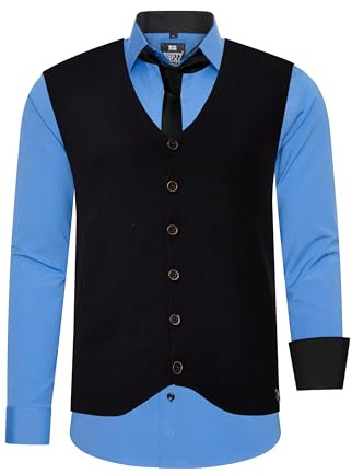 Rusty Neal Herren Hemd Weste Krawatte 3er Set Hochzeit Party Oberteil Outfit Kontrasthemd & Schwarz Weste & Krawatte Einfarbig S M L XL XXL 3XL 4XL 5XL 6XL Set 44_412_99, Größe:6XL, Farbe:Blau