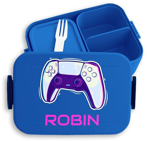 Shirtracer Mepal Lunchbox Kinder personalisiert Name Gaming Controller | Blau, 900 ml, Brotdose, Zocken, Gamer, Konsole, mit Fächern, Schule, spülmaschinenfest, Midi, Vesperbox, Snackbox