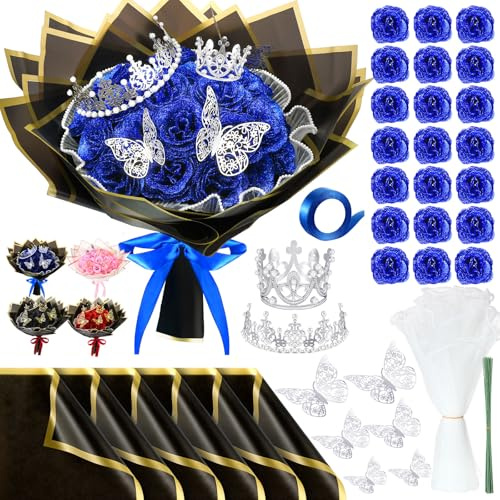 Thiccywoov Glitter Roses Bouquet Gifts Artificial Rose DIY Flower Bouquet Kit Birthday Gifts Flower Wrapping Paper 3D Butterflies Crowns for Mother Anniversary Graduation(Royal Blue,24 Pcs)