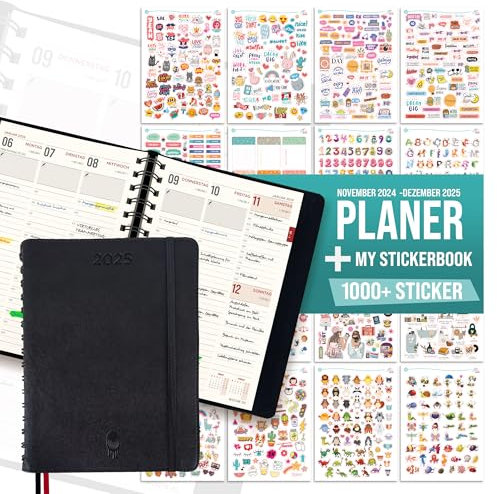 colortouch Terminplaner 2026 mit 1000 St Sticker Set für Planer, Aufkleber Journal für A5 Monatsplaner, 30 Minuten-Intervalle Wochenplaner mit Softcover, 14 Monate Kalender (Nov 25-Dez 26)