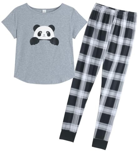 MyFav Women's Pyjamas Set Cute Panda Printed Short Sleeve Top and Long Pants Soft Sleepwear 2 Piece Pjs Sets, Grey Panda,S