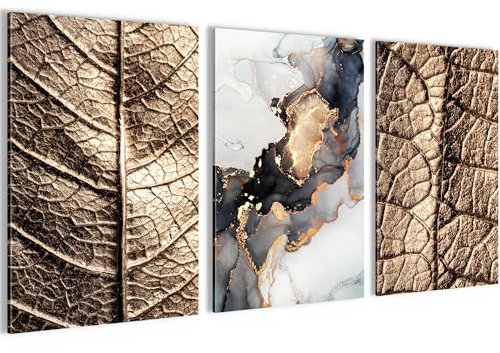 Novart Bilder Set Blumen Blätter - Kein Extra Rahmen benötigt - Wandbilder für Wohnzimmer Schlafzimmer Flur - 3 Teilig Deko Gold Grau Schwarz - N032536a