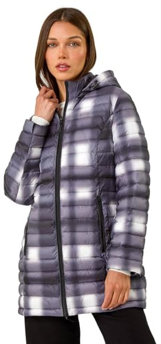 Roman Originals Women Padded Longline Coat with Hood - Ladies Zip Through Autumn Winter Long Length Lightweight Quilted Warm Cosy Everyday Zip Up Casual Jackets Coats - Black & Purple - Size 12