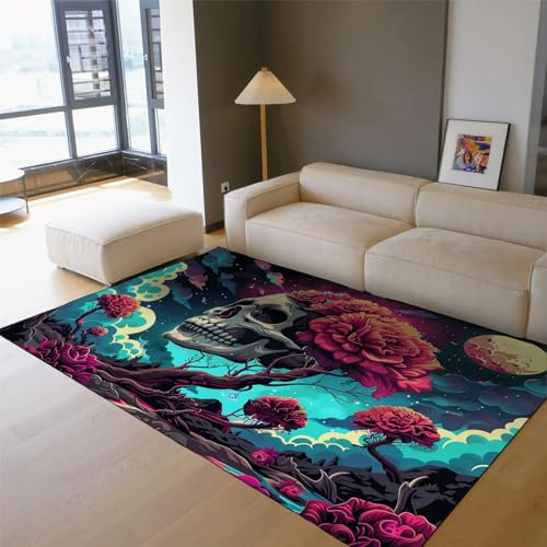 SHUODAOCO Horror Night Rug for Bedroom Skull Large Carpet Abstract Flower Area Rug Living Room Soft Machine Washable Kitchen Runner Rug 80x120cm