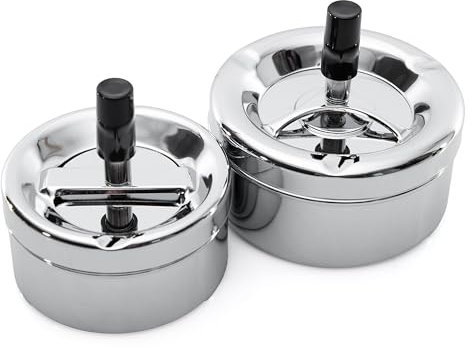 Großer Drehaschenbecher mit Drehknopf Aschenbecher für draußen mit Drehdeckel 2er Set Windaschenbecher (Chrom)