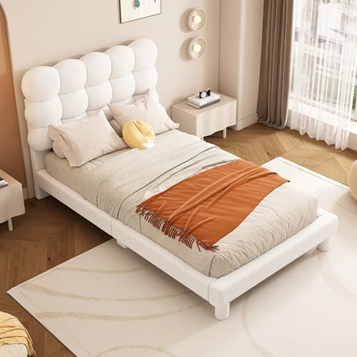 Zravenna Polsterbett 90x200 mit Lattenrost aus Holz, Einzelbett Gästebett, Verstellbares Bett Kopfteil Gepolstert, Modisch und Schlicht,Plush, Weiß