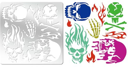 INFUNLY Totenkopf Metallschablone Für Halloween 6.14 Feuer Totenkopf Hand Finger Metallschablone Flammenskelett Edelstahl Schablonen Feuer Brennende Metallschablone Für Weihnachtsgeschenke Zeichnunge