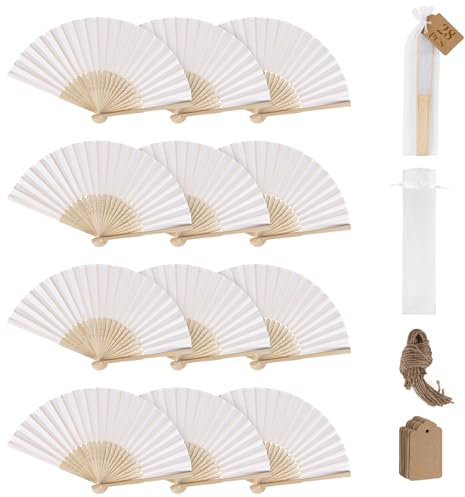 SWAWIS 28 Stück Stofffächer Weiß Handfächer Faltbar Fächer Hochzeit Deko Fecher mit Organzasäckchen und DIY Etiketten für Hochzeit Geburttag Party Taufe Gastgeschenk Tanz Aufführung